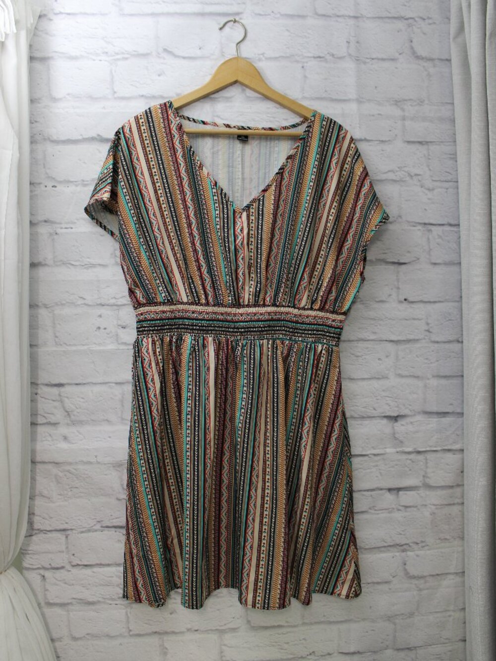 Shein VCAY Plus 1XL Vibrant Stripe Geometric Smocked Waist Shortsleeve Dress